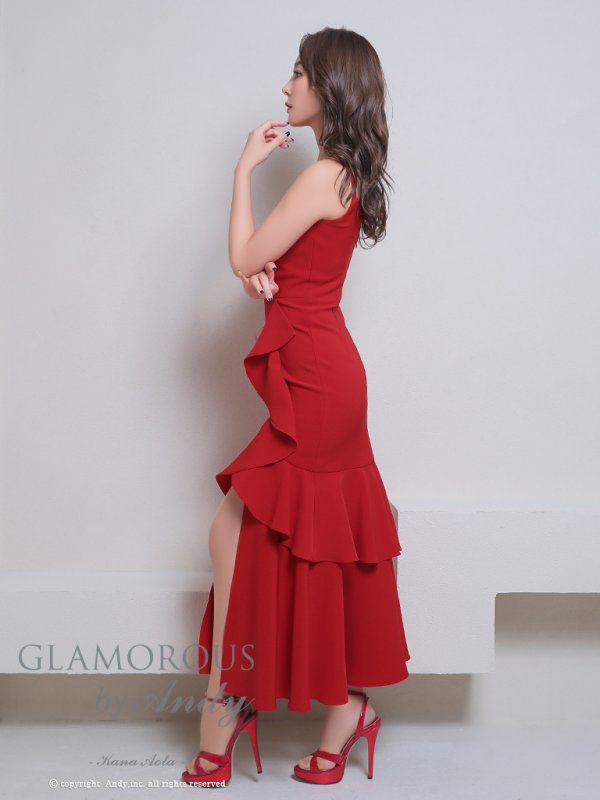 画像9: XSサイズあり【Andy GLAMOROUS/アンディグラマラス】ワンカラー/ キャミソール/ フリル/ ストレッチ/ フレア/ スリット/ ミディアムドレス/ キャバドレス[OF05]