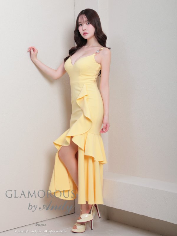 画像49: XSサイズあり【Andy GLAMOROUS/アンディグラマラス】ワンカラー/ キャミソール/ フリル/ ストレッチ/ フレア/ スリット/ ミディアムドレス/ キャバドレス[OF05]