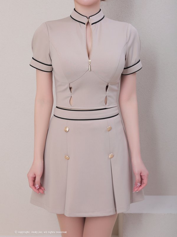 画像15: XSサイズあり【Andy GLAMOROUS/アンディグラマラス】バイカラー/ フロントジップ/ ボタンデザイン/ 袖あり/ 半袖/ プリーツ/ Aライン/ セットアップ/ ミニドレス/ キャバドレス[OF05]
