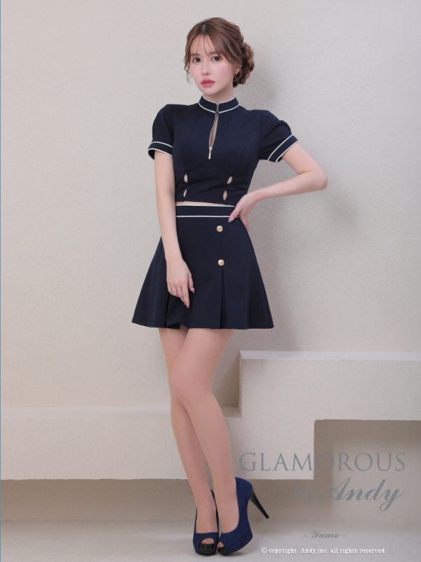 画像5: XSサイズあり【Andy GLAMOROUS/アンディグラマラス】バイカラー/ フロントジップ/ ボタンデザイン/ 袖あり/ 半袖/ プリーツ/ Aライン/ セットアップ/ ミニドレス/ キャバドレス[OF05]