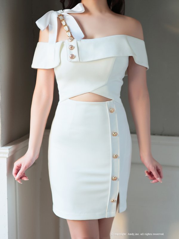 画像16: XSサイズあり【Andy GLAMOROUS/アンディグラマラス】ワンショルダー/ リボン/ チェーン/ オフショル/ ボタン/ カットアウト/ タイト/ ミニドレス/ キャバドレス[OF05]