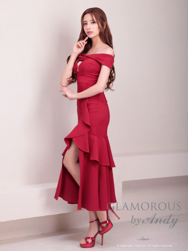 画像34: 【Andy GLAMOROUS/アンディグラマラス】シンプル/ ワンカラー/ フロントジップ/ オフショル/ フリル/ アシンメトリー/ マーメイド/ ミディアムドレス/ キャバドレス [OF05]