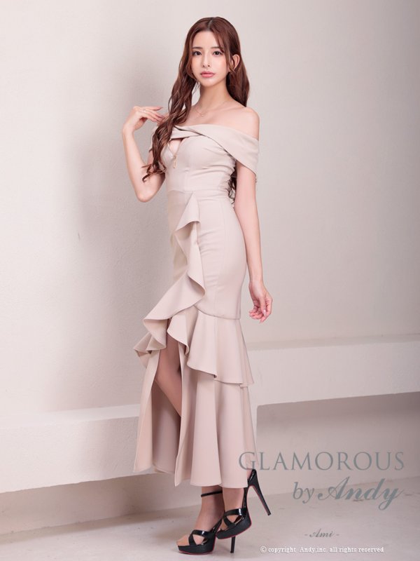 画像28: 【Andy GLAMOROUS/アンディグラマラス】シンプル/ ワンカラー/ フロントジップ/ オフショル/ フリル/ アシンメトリー/ マーメイド/ ミディアムドレス/ キャバドレス [OF05]