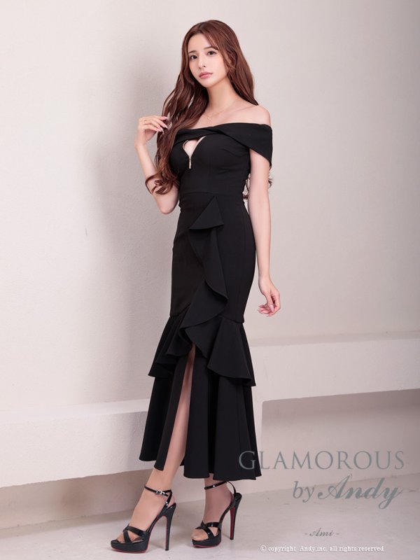 画像3: 【Andy GLAMOROUS/アンディグラマラス】シンプル/ ワンカラー/ フロントジップ/ オフショル/ フリル/ アシンメトリー/ マーメイド/ ミディアムドレス/ キャバドレス [OF05]