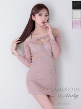 XSサイズあり【Andy GLAMOROUS/アンディグラマラス】ラメニット/ ホルター/ オフショル/ ロングスリーブ/ 袖あり/ カットアウト/ ウエストシアー/ タイト/ ミニドレス/ キャバドレス[OF05]