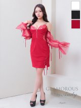 【Andy GLAMOROUS/アンディグラマラス】2WAY/  ビジューチェーン/ パフスリーブ/ キャミ/ カットアウト/ フロントジッパー/ タイト/ ミニドレス/ キャバドレス[OF05]