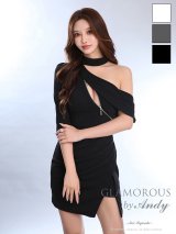 XSサイズあり【Andy GLAMOROUS/アンディグラマラス】チョーカーデザイン/ ワンショルダー/ 半袖/ 袖あり/ フロントジップ/ ストレッチ/ タイト/ ミニドレス/ キャバドレス[OF05]