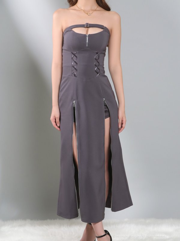 画像13: XSサイズあり【Andy GLAMOROUS/アンディグラマラス】ジップデザイン/ カットアウト/ ベア/ ストレッチ/ インナーパンツ付き/ ミディアムドレス/ キャバドレス long[OF05]