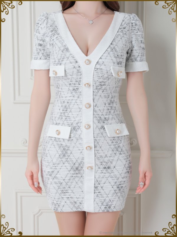 画像19: 【An to you/アントューユー】 ストレッチツイード/ 半袖/ 袖あり/ Vネック/ タイト/ ミニドレス/ キャバドレス[OF05]