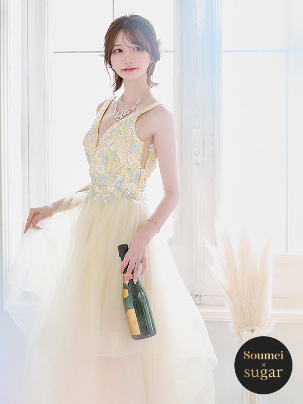 画像1: 【関西コレクション着用】【Lip line/リップライン】フラワー刺繍/ 2段フレア/ Aライン/ チュール/ プリンセス/ ロングドレス/ キャバドレスlong[HC03]