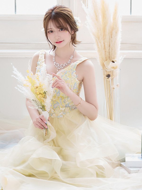 画像9: 【圓谷はく / 関西コレクション着用】【Lip line/リップライン】フラワー刺繍/ 2段フレア/ Aライン/ チュール/ プリンセス/ ロングドレス/ キャバドレスlong[HC03]