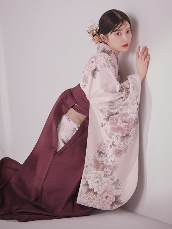 画像3: 【予約商品 / 1月中旬発送予定】ピンク牡丹 くすみピンク二尺袖着物【卒業袴３点セット 二尺袖着物/帯/袴】