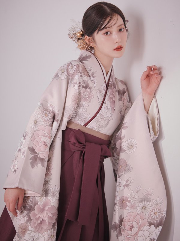 画像17: 【予約商品 / 1月中旬発送予定】ピンク牡丹 くすみピンク二尺袖着物【卒業袴３点セット 二尺袖着物/帯/袴】