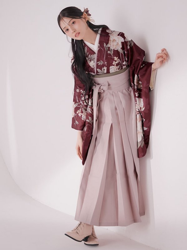 画像1: 【予約商品/1月中旬発送予定】ピンク芍薬 ワインレッド二尺袖着物【卒業袴３点セット 二尺袖着物/帯/袴】