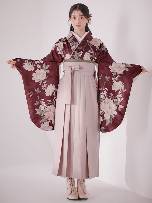 画像4: 【予約商品/1月中旬発送予定】ピンク芍薬 ワインレッド二尺袖着物【卒業袴３点セット 二尺袖着物/帯/袴】