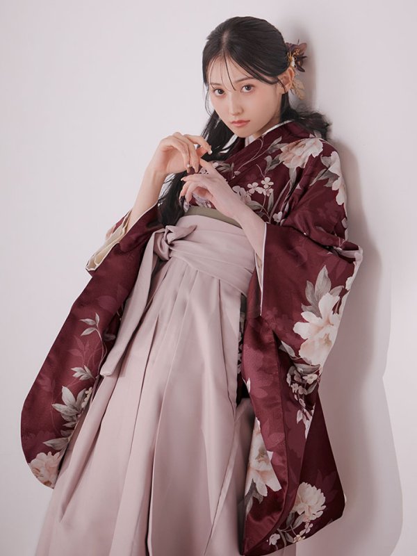 画像5: 【予約商品/1月中旬発送予定】ピンク芍薬 ワインレッド二尺袖着物【卒業袴３点セット 二尺袖着物/帯/袴】