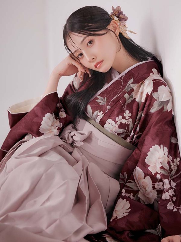 画像10: 【予約商品/1月中旬発送予定】ピンク芍薬 ワインレッド二尺袖着物【卒業袴３点セット 二尺袖着物/帯/袴】