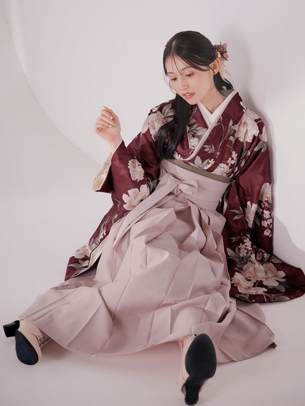 画像12: 【予約商品/1月中旬発送予定】ピンク芍薬 ワインレッド二尺袖着物【卒業袴３点セット 二尺袖着物/帯/袴】
