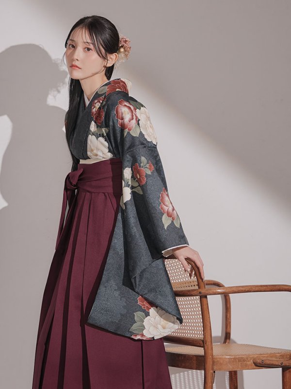 画像3: 【予約商品/1月中旬発送予定】白×赤椿 ブラック二尺袖着物【卒業袴３点セット 二尺袖着物/帯/袴】