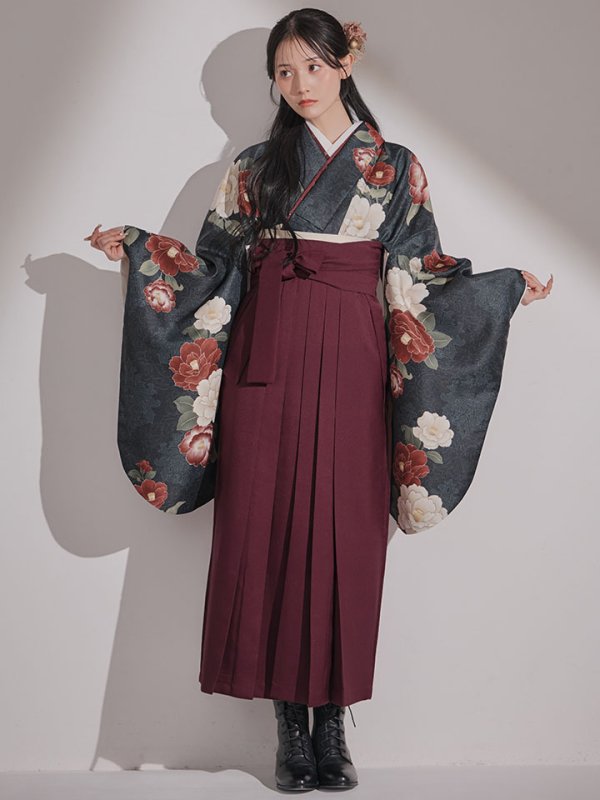 画像6: 【予約商品/1月中旬発送予定】白×赤椿 ブラック二尺袖着物【卒業袴３点セット 二尺袖着物/帯/袴】