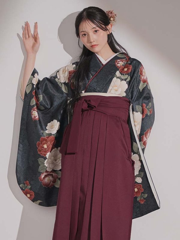 画像9: 【予約商品/1月中旬発送予定】白×赤椿 ブラック二尺袖着物【卒業袴３点セット 二尺袖着物/帯/袴】