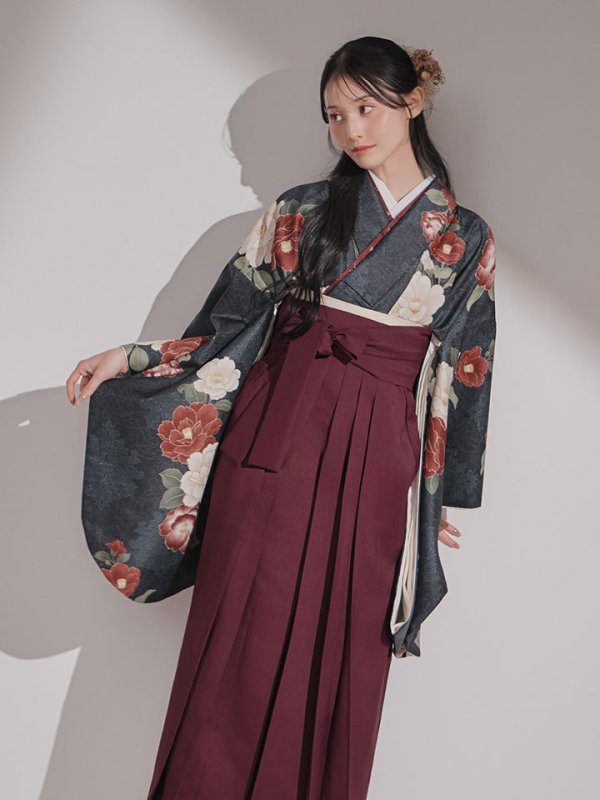 画像11: 【予約商品/1月中旬発送予定】白×赤椿 ブラック二尺袖着物【卒業袴３点セット 二尺袖着物/帯/袴】