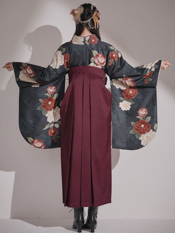 画像12: 【予約商品/1月中旬発送予定】白×赤椿 ブラック二尺袖着物【卒業袴３点セット 二尺袖着物/帯/袴】