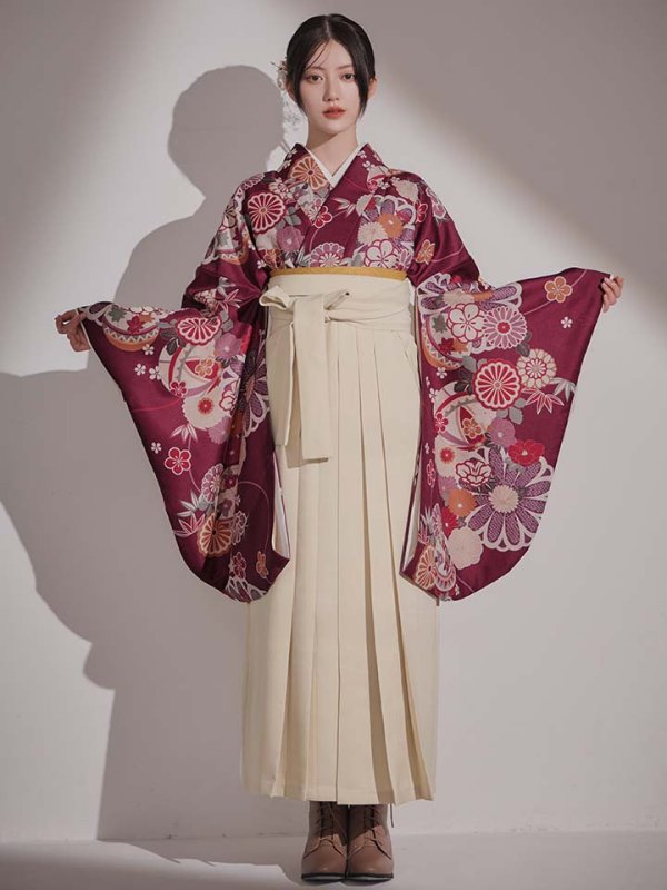 画像4: 【予約商品 / 1月中旬発送予定】菊×椿 ワインレッド二尺袖着物【卒業袴３点セット 二尺袖着物/帯/袴】