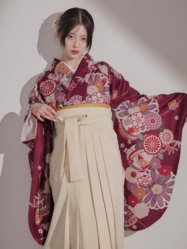 画像15: 【予約商品 / 1月中旬発送予定】菊×椿 ワインレッド二尺袖着物【卒業袴３点セット 二尺袖着物/帯/袴】