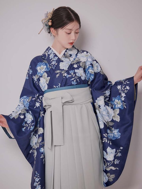 画像3: 【予約商品/1月中旬発送予定】青フラワーブーケ ブルー二尺袖着物【卒業袴３点セット 二尺袖着物/帯/袴】