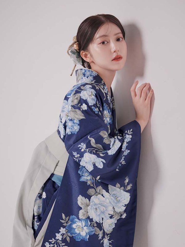 画像6: 【予約商品/1月中旬発送予定】青フラワーブーケ ブルー二尺袖着物【卒業袴３点セット 二尺袖着物/帯/袴】