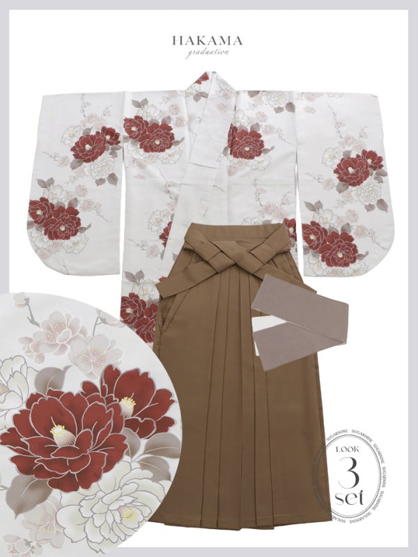 画像26: 【予約商品/1月中旬発送】赤×白椿 ベージュ二尺袖着物【卒業袴３点セット 二尺袖着物/帯/袴】