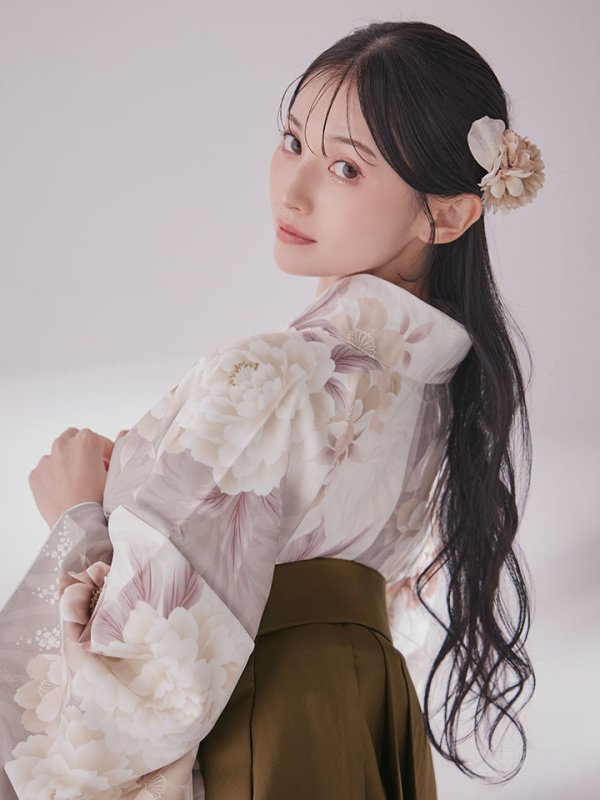 画像18: 【予約商品/1月中旬発送予定】グレーピンクフラワー グラデーション二尺袖着物【卒業袴３点セット 二尺袖着物/帯/袴】