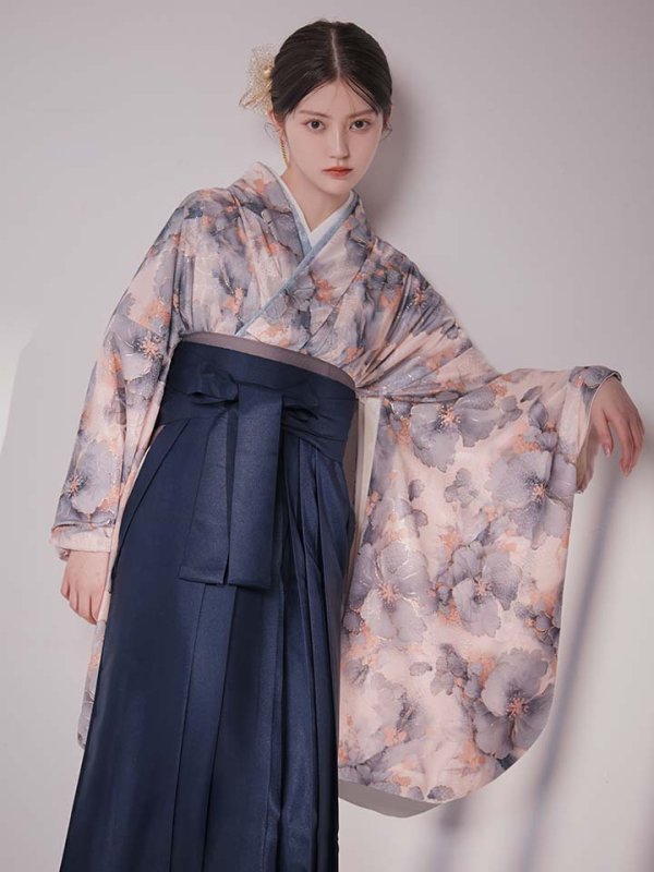 画像13: 【予約商品 / 1月中旬発送予定】グレーピンクフラワー グラデーション二尺袖着物【卒業袴３点セット 二尺袖着物/帯/袴】