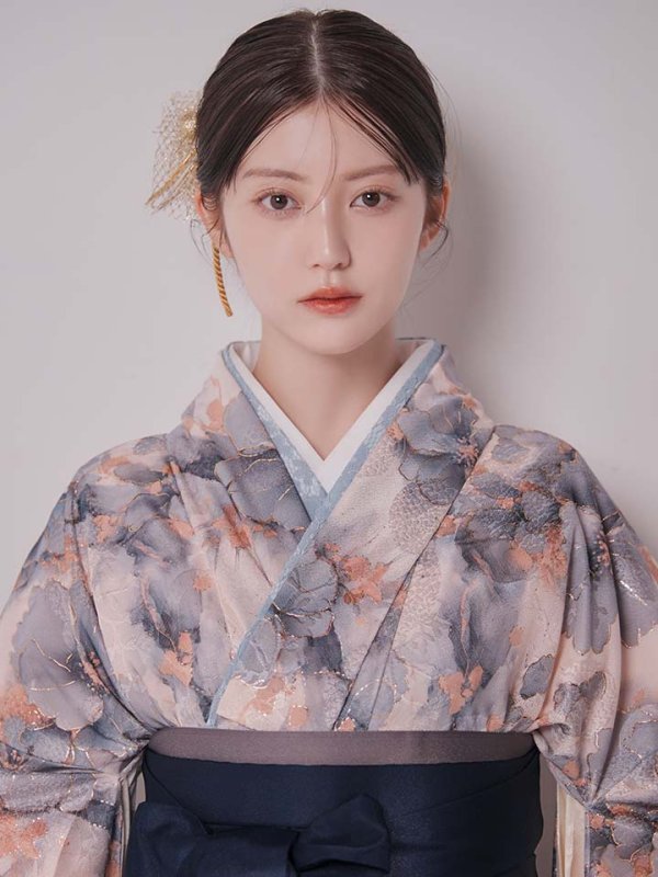 画像18: 【予約商品 / 1月中旬発送予定】グレーピンクフラワー グラデーション二尺袖着物【卒業袴３点セット 二尺袖着物/帯/袴】