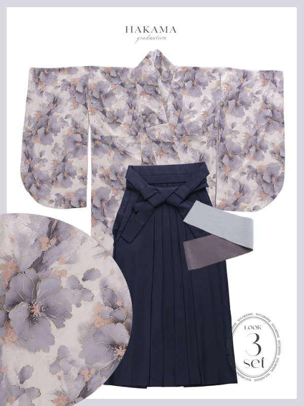 画像26: 【即日発送】グレーピンクフラワー グラデーション二尺袖着物【卒業袴３点セット 二尺袖着物/帯/袴】[FB01]