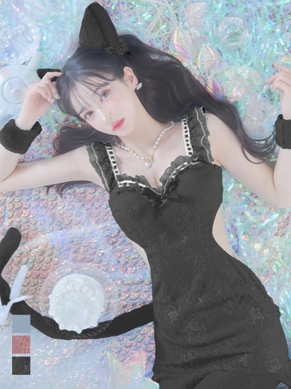 画像1: 【即日発送】【ハロウィン】 キャットレースミニワンピ 【コスプレ5点セット】【XS-Mサイズ/3カラー】[YMT]