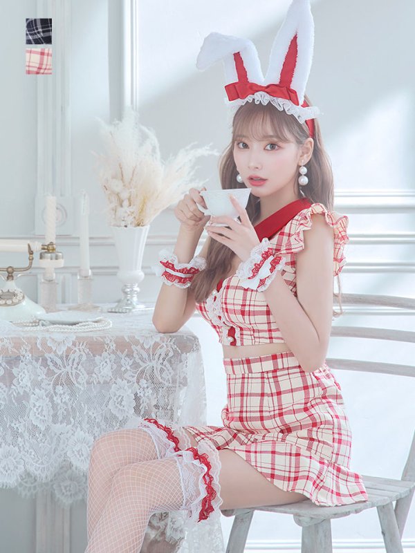 画像1: 【値下げ！】【即日発送】【ハロウィン】 チェックバニーセットアップ  【コスプレ6点セット】【XS-Lサイズ/2カラー】[YMT]