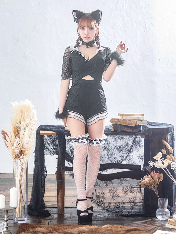画像5: 【SALE!!】【即日発送】【ハロウィン】 ブラックレースキャット/オールインワン/黒猫 【コスプレ5点セット】【S-Lサイズ】[OF01]