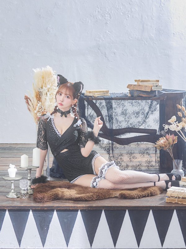 画像6: 【SALE!!】【即日発送】【ハロウィン】 ブラックレースキャット/オールインワン/黒猫 【コスプレ5点セット】【S-Lサイズ】[OF01]