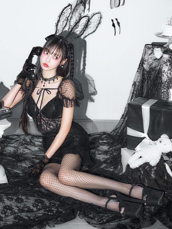 画像2: 【即日発送！】【ハロウィン】セクシーレースバニー半袖セットアップ 【コスプレ7点セット】[YMT]