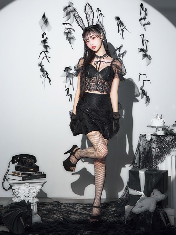 画像3: 【即日発送！】【ハロウィン】セクシーレースバニー半袖セットアップ 【コスプレ7点セット】[OF04]