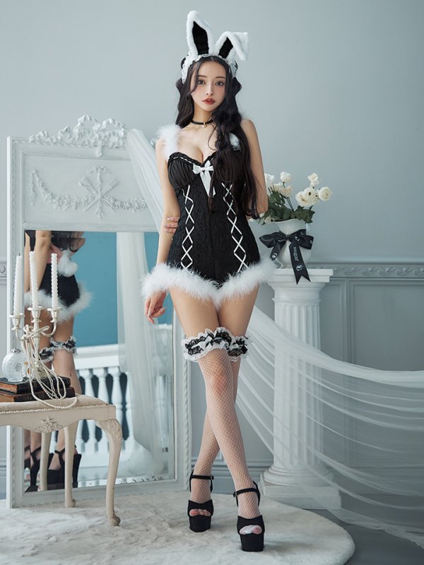 画像4: 【ハロウィン】 ファーキャミレースバニーガール 【コスプレ6点セット】 【XS-Mサイズ/2カラー】[OF04]