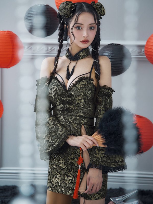 画像30: 【ハロウィン】 オフショルチャイナワンピース 【コスプレ6点セット】 【XS-Lサイズ/3カラー】(SE01YN)[OF04]