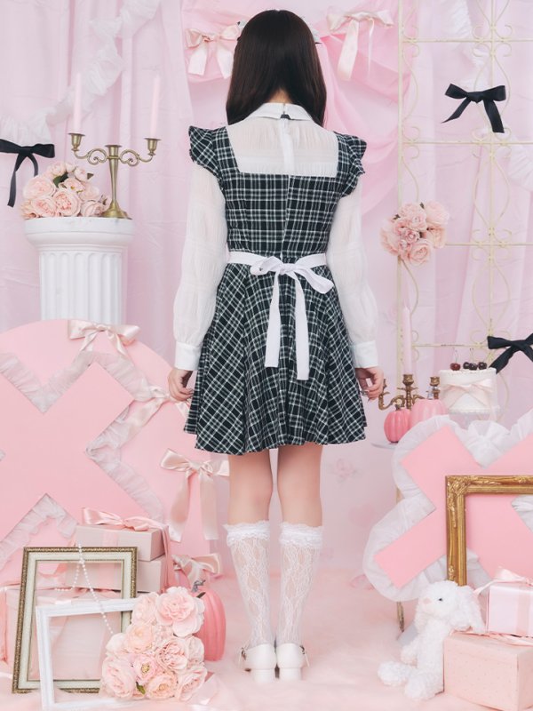 画像10: 【SALE!!】【即日発送！】【ハロウィン】ブラックチェックメイドワンピース 【コスプレ5点セット】[OF04]