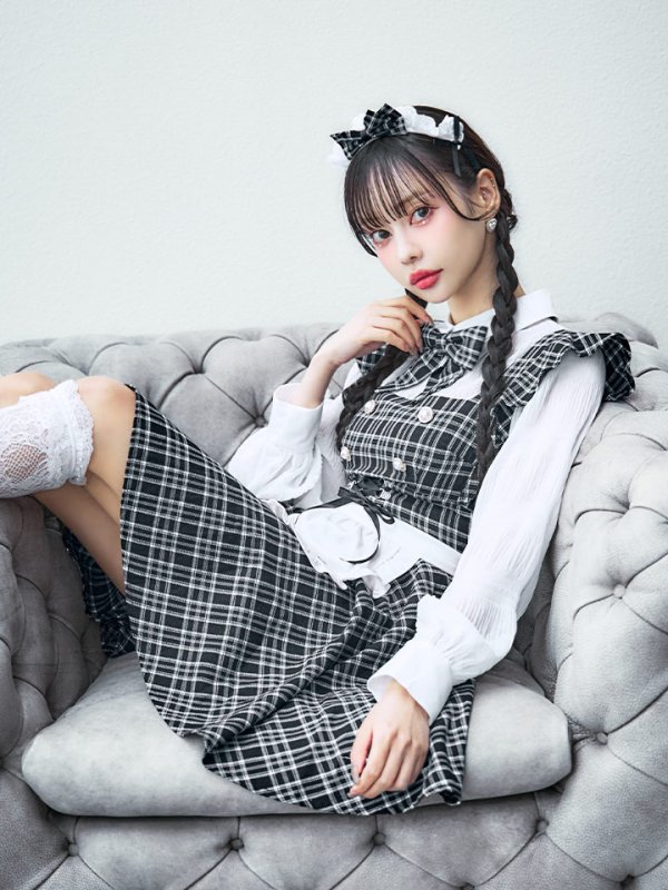 画像1: 【即日発送！】【ハロウィン】ブラックチェックメイドワンピース 【コスプレ5点セット】[YMT]