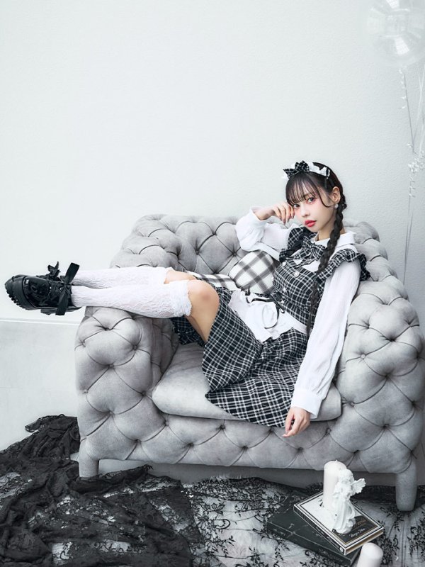 画像11: 【SALE!!】【即日発送！】【ハロウィン】ブラックチェックメイドワンピース 【コスプレ5点セット】[OF04]