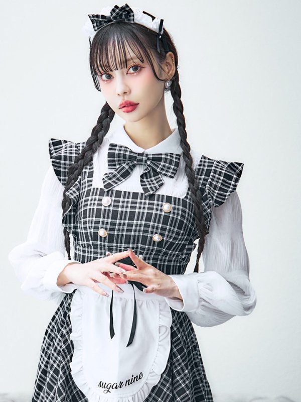 画像12: 【SALE!!】【即日発送！】【ハロウィン】ブラックチェックメイドワンピース 【コスプレ5点セット】[OF04]