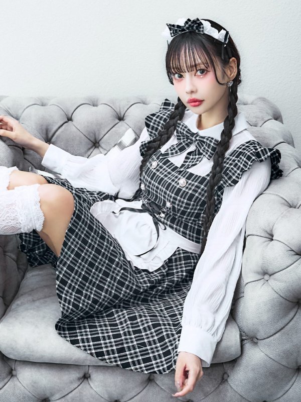 画像15: 【SALE!!】【即日発送！】【ハロウィン】ブラックチェックメイドワンピース 【コスプレ5点セット】[OF04]
