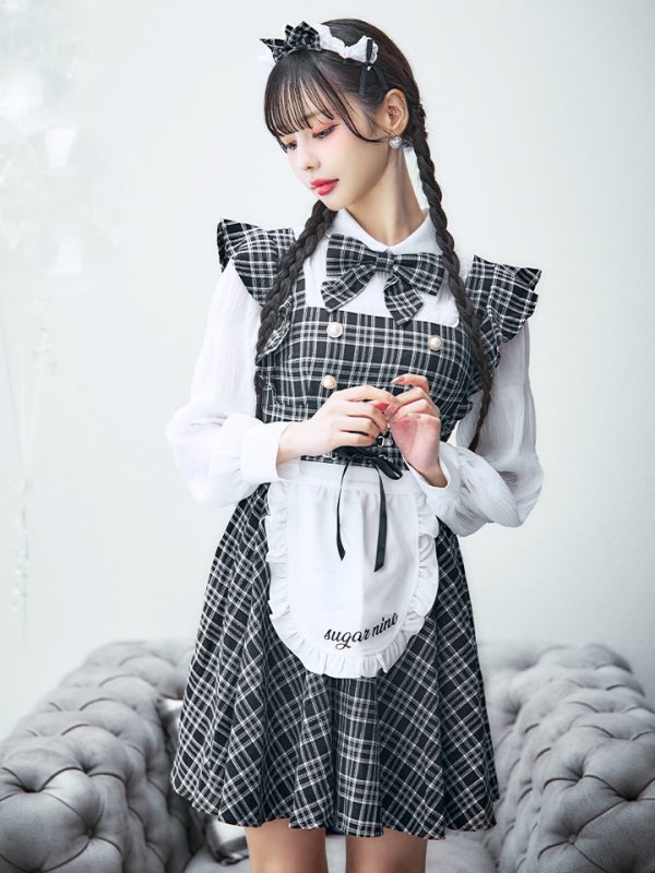 画像2: 【即日発送！】【ハロウィン】ブラックチェックメイドワンピース 【コスプレ5点セット】[YMT]